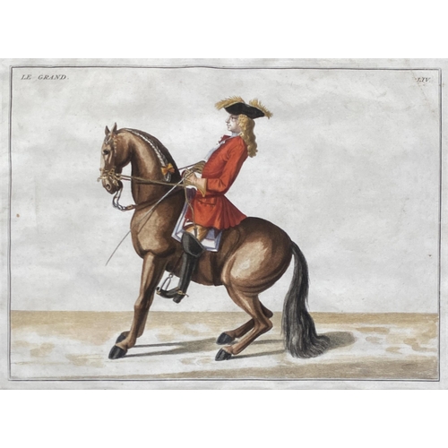 258 - After Baron Eisenberg (German, 1695-1770), a set of four 18th century hand coloured equestrian engra... 