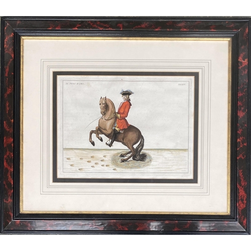 258 - After Baron Eisenberg (German, 1695-1770), a set of four 18th century hand coloured equestrian engra... 