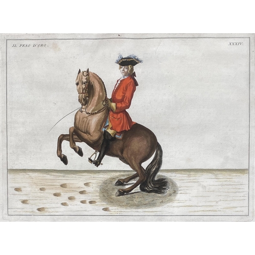 258 - After Baron Eisenberg (German, 1695-1770), a set of four 18th century hand coloured equestrian engra... 