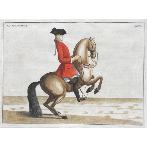 258 - After Baron Eisenberg (German, 1695-1770), a set of four 18th century hand coloured equestrian engra... 