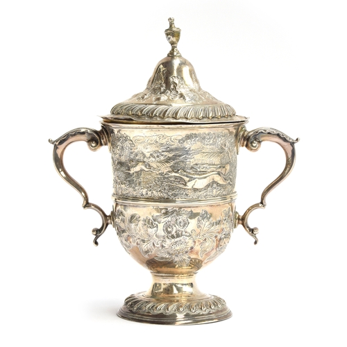 76 - A George III and later twin handled cup and cover, the cup marked for John King, London 1772, the co... 