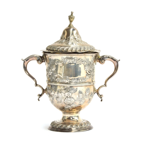 76 - A George III and later twin handled cup and cover, the cup marked for John King, London 1772, the co... 