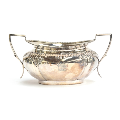 63 - A late Victorian silver twin handled sugar bowl by Jenkins & Timm, crested, Sheffield 1896, 7.8ozt