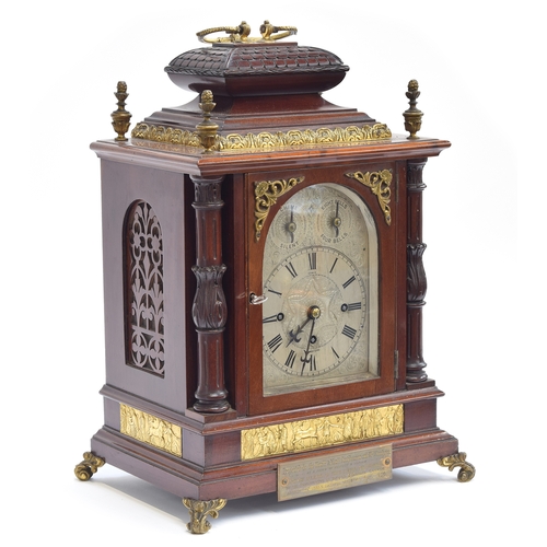 346 - A late 19th/early 20th century mahogany bracket clock, the silver dial with Roman numerals and marke... 