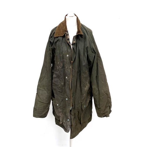 734 - An Oak House size M green waxed cotton jacket with brown cord collar; together with a further simila... 