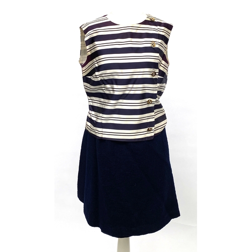 683 - A vintage Wallis three piece blue and white striped sleeveless top, jacket with gilt chain detail an... 