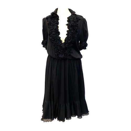 707 - A Just Cavalli black silk blend dress with ruffled collar and suede tie strings, size 42