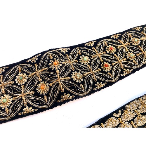 710 - Two Indian 1920s Zardozi metal thread embroidered velvet waistbands, 89cm long and 83cm long