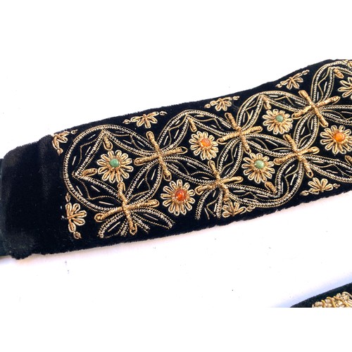 710 - Two Indian 1920s Zardozi metal thread embroidered velvet waistbands, 89cm long and 83cm long