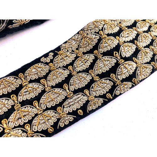 710 - Two Indian 1920s Zardozi metal thread embroidered velvet waistbands, 89cm long and 83cm long