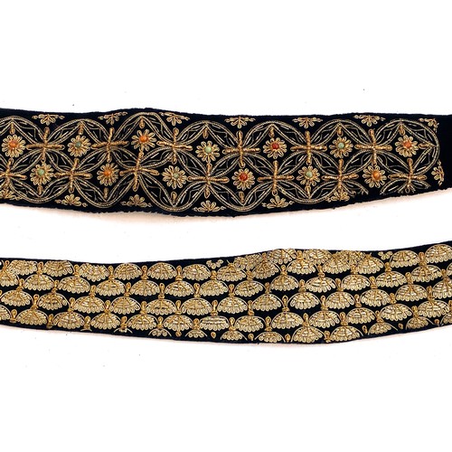 710 - Two Indian 1920s Zardozi metal thread embroidered velvet waistbands, 89cm long and 83cm long