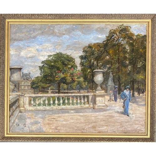 294 - A 20th century oil on canvas, figures in a continental park beside a stone balustrade, initialled CS... 