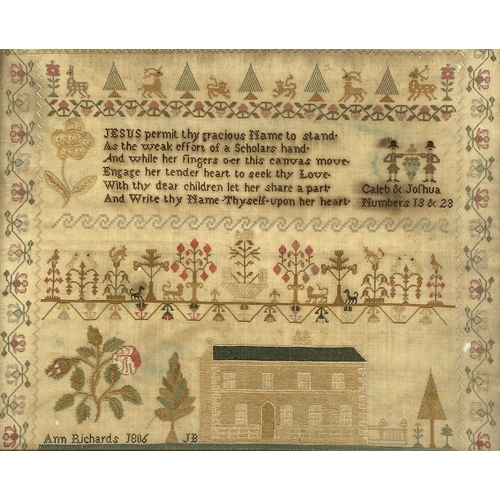 265 - An early 19th century sampler, worked by Ann Richards in 1806, depicting 'Caleb and Joshua numbers 1... 