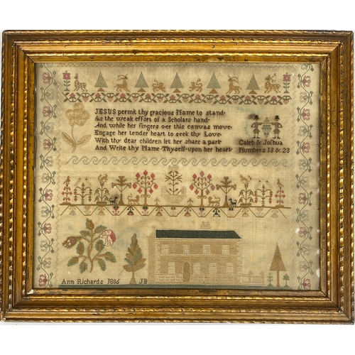 265 - An early 19th century sampler, worked by Ann Richards in 1806, depicting 'Caleb and Joshua numbers 1... 