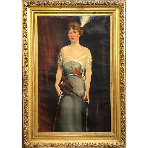 292 - A large early 20th century three quarter length portrait of a lady holding a violin, signed indistin... 