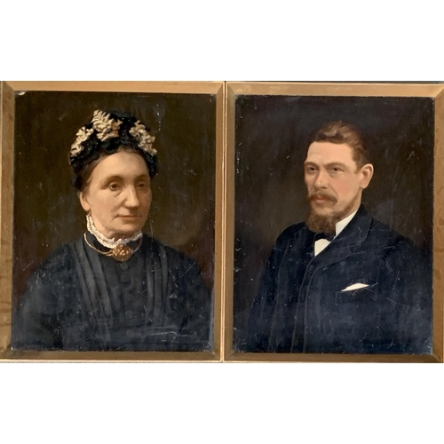 282 - A pair of 19th century portraits of a lady and gentleman, oil on board, bearing labels for 'Hallams ... 