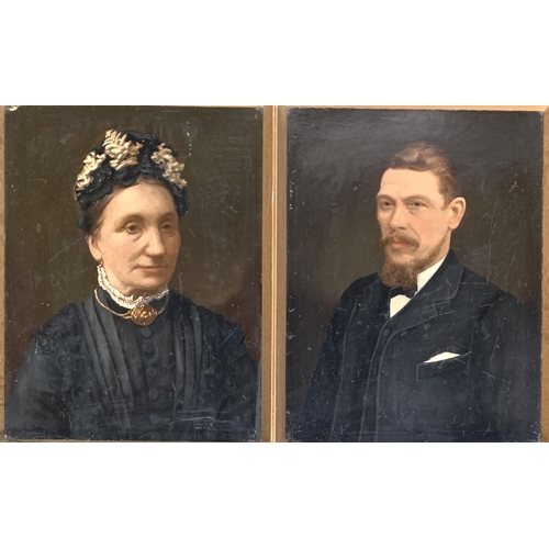 282 - A pair of 19th century portraits of a lady and gentleman, oil on board, bearing labels for 'Hallams ... 