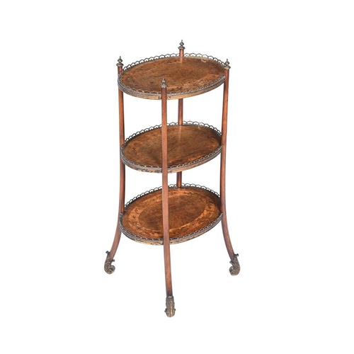 443 - A Victorian gilt brass mounted walnut and marquetry three tier etagere, in French taste circa 1870, ... 