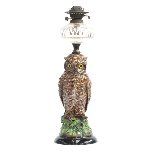 176 - A late 19th century Wilhelm Schiller & Sons majolica oil lamp in the form of an owl c.1885, stamped ... 