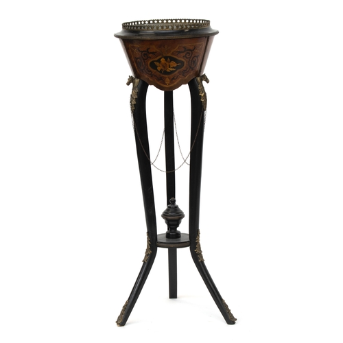 452 - A Regency style inlaid walnut and ebonised wine cooler with lead liner and applied gilt metal horse ... 