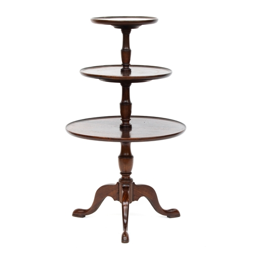 408 - A George III style mahogany three tier dumb waiter, with three dished tiers, on a cabriole tripod ba... 