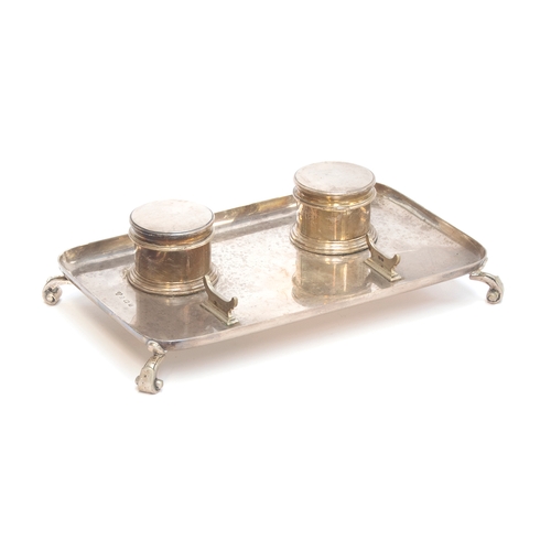 80 - A silver inkstand by Harrods Ltd, Birmingham 1934, the two wells with liners missing and as found, 2... 