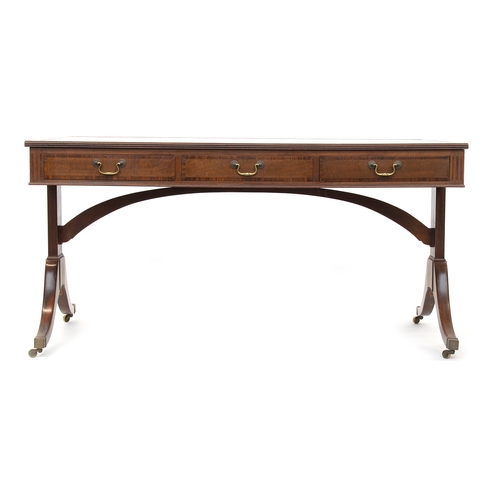 436 - A large early 20th century desk, the gilt tooled green leather skiver over three drawers and three o... 