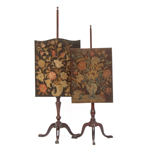 415 - Two George III mahogany pole fire screens, each on tripod cabriole bases, with floral embroidered pa... 