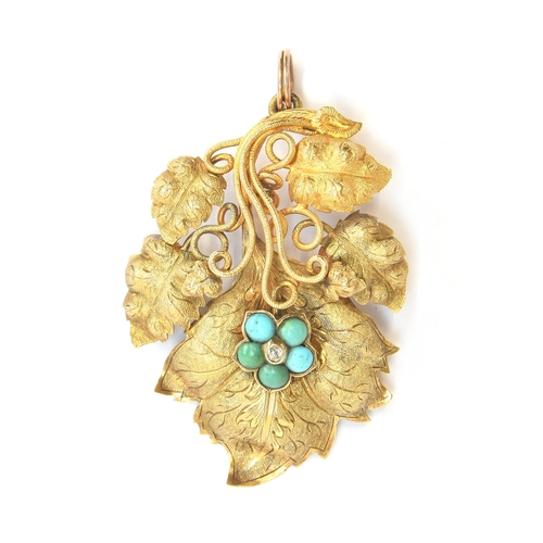 2 - A Victorian gold naturalistically modelled pendant in the form of vines and leaves with a turquoise ... 