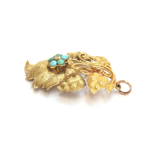 2 - A Victorian gold naturalistically modelled pendant in the form of vines and leaves with a turquoise ... 