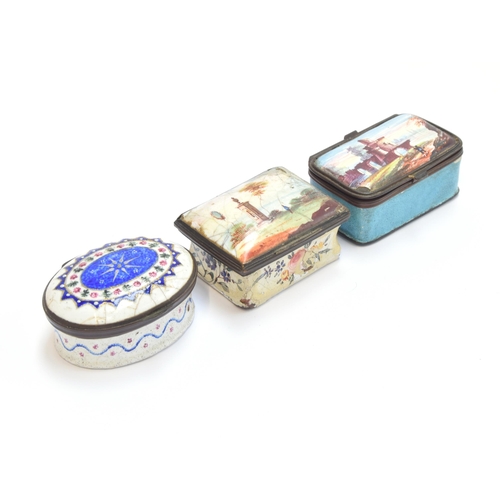 135 - A Georgian Bilston enamel patch box, cobalt blue, pink and green decoration, mirror on inside of lid... 