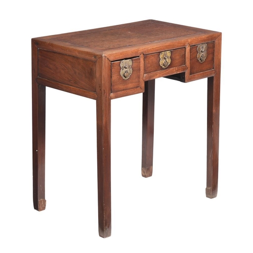 466 - A Chinese hardwood and burr elm side table, Republican, with arrangement of three drawers, 74cm wide... 