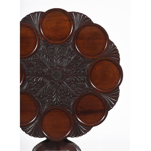 394 - A carved mahogany supper tripod table in George II Irish style, late 19th or early 20th century, the... 