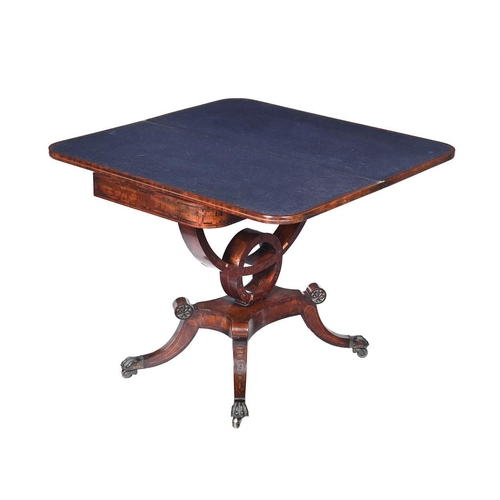 375 - A Regency rosewood and cross banded card table, c.1820, the hinged top enclosing a tooled navy baize... 