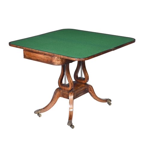 376 - A Regency rosewood and brass inlaid card table, c.1820, the hinged top enclosing a green baize surfa... 