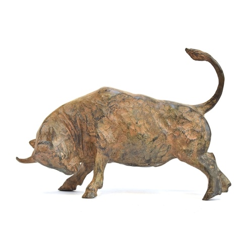 119 - After Pierre Chenet (French, 20th century), acid patinated bronze sculpture of a charging Bull, stam... 