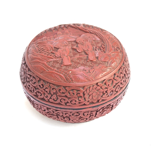 224 - A Chinese cinnabar lacquer circular lidded pot, the lid depicting figures within a landscape, 11.5cm... 