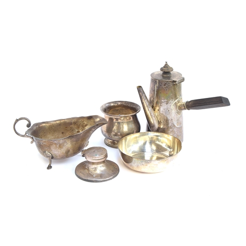 47 - A small mixed lot of silver to include a side handled coffee pot; sauce boat; two small bowls; and a... 