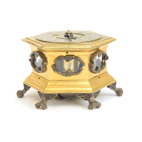 349 - A small 18th century German or Polish hexagonal horizontal striking table clock in the manner of Joh... 