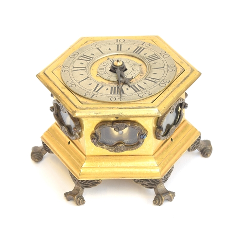 349 - A small 18th century German or Polish hexagonal horizontal striking table clock in the manner of Joh... 