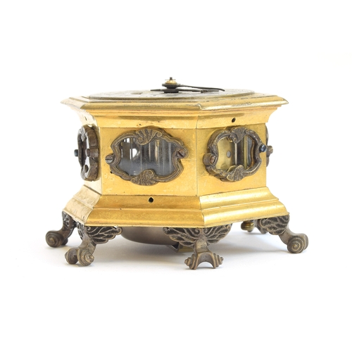 349 - A small 18th century German or Polish hexagonal horizontal striking table clock in the manner of Joh... 