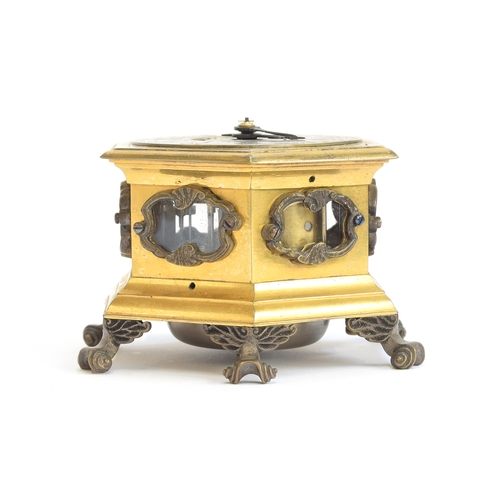 349 - A small 18th century German or Polish hexagonal horizontal striking table clock in the manner of Joh... 