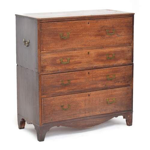 372 - A 19th century teak campaign chest, in two sections, the secretaire drawer over three further gradua... 