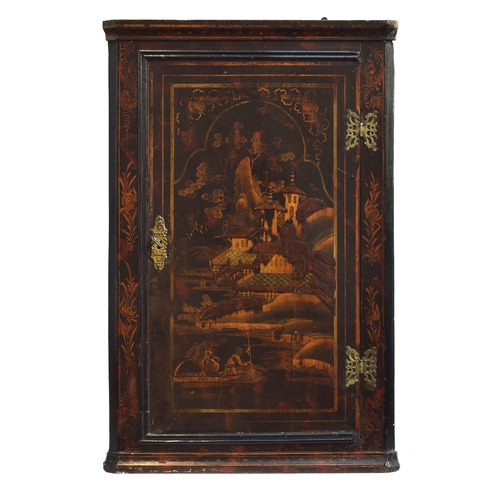 416 - A George III japanned corner cupboard, the door depicting figures in a punt with pagoda behind, open... 