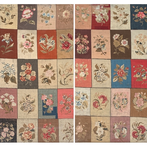 266 - A pair of 19th century floral needlework patchwork panels, glazed in giltwood frames, 84x50cm