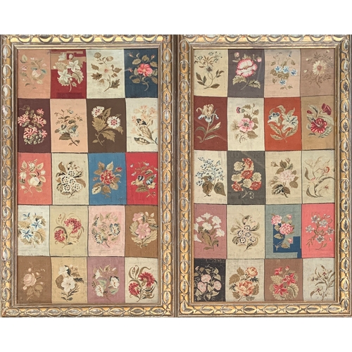 266 - A pair of 19th century floral needlework patchwork panels, glazed in giltwood frames, 84x50cm