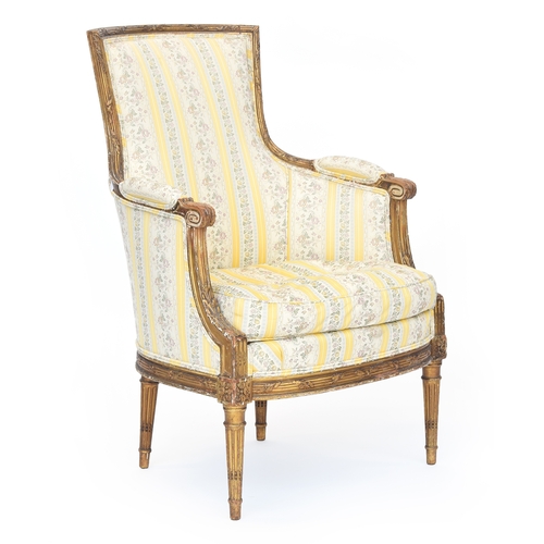 462 - A Continental giltwood chair, upholstered back and seat with padded arms, feather filled squab cushi... 