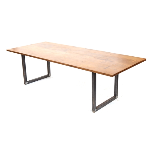 465 - An oak kitchen table, the top inset with various other woods and resin, on a fabricated metal base, ... 