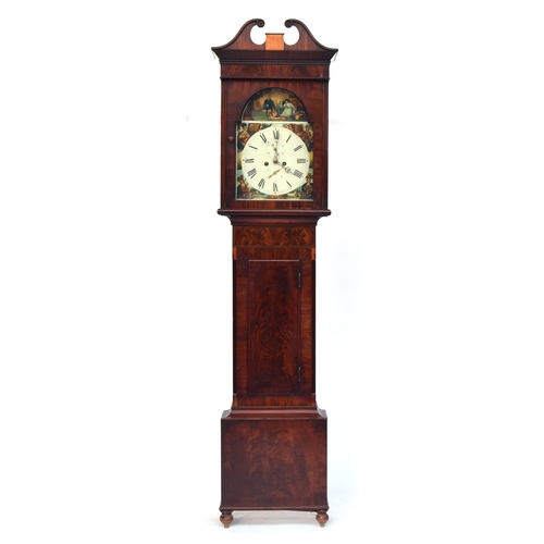 348 - A mahogany long cased clocked, the broken pediment over a painted dial with Roman numerals, 230cm hi... 