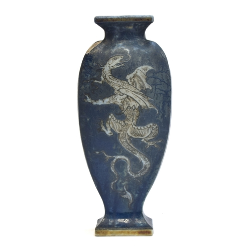 156 - A late Victorian Martin Brothers stoneware vase of tapering form (chipped), decorated with dragons o... 